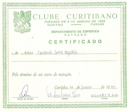 Certificado do meu 1o curso de natação. Verão de 1975.