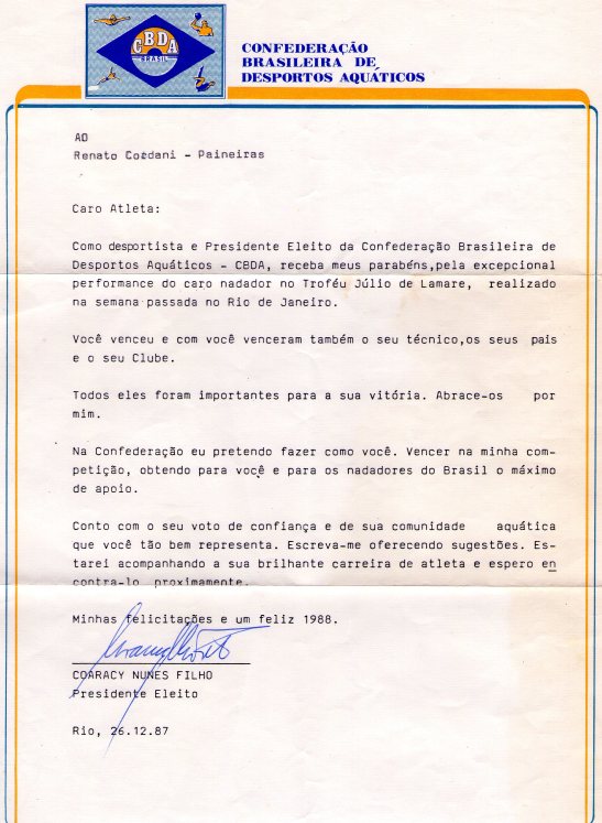 Cartinha que recebi do Coaracy em 1987 e que, na época, me deixou bem contente e motivado!