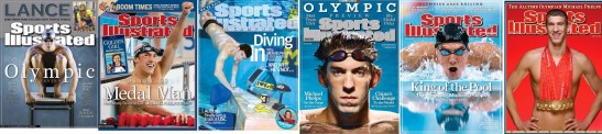 Capas da Sports Illustrated com o Phelps de 2004-2008 - evolução até o seu ápice olímpico.